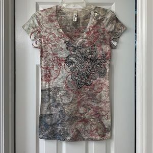 Print T-shirt with rhinestone pattern